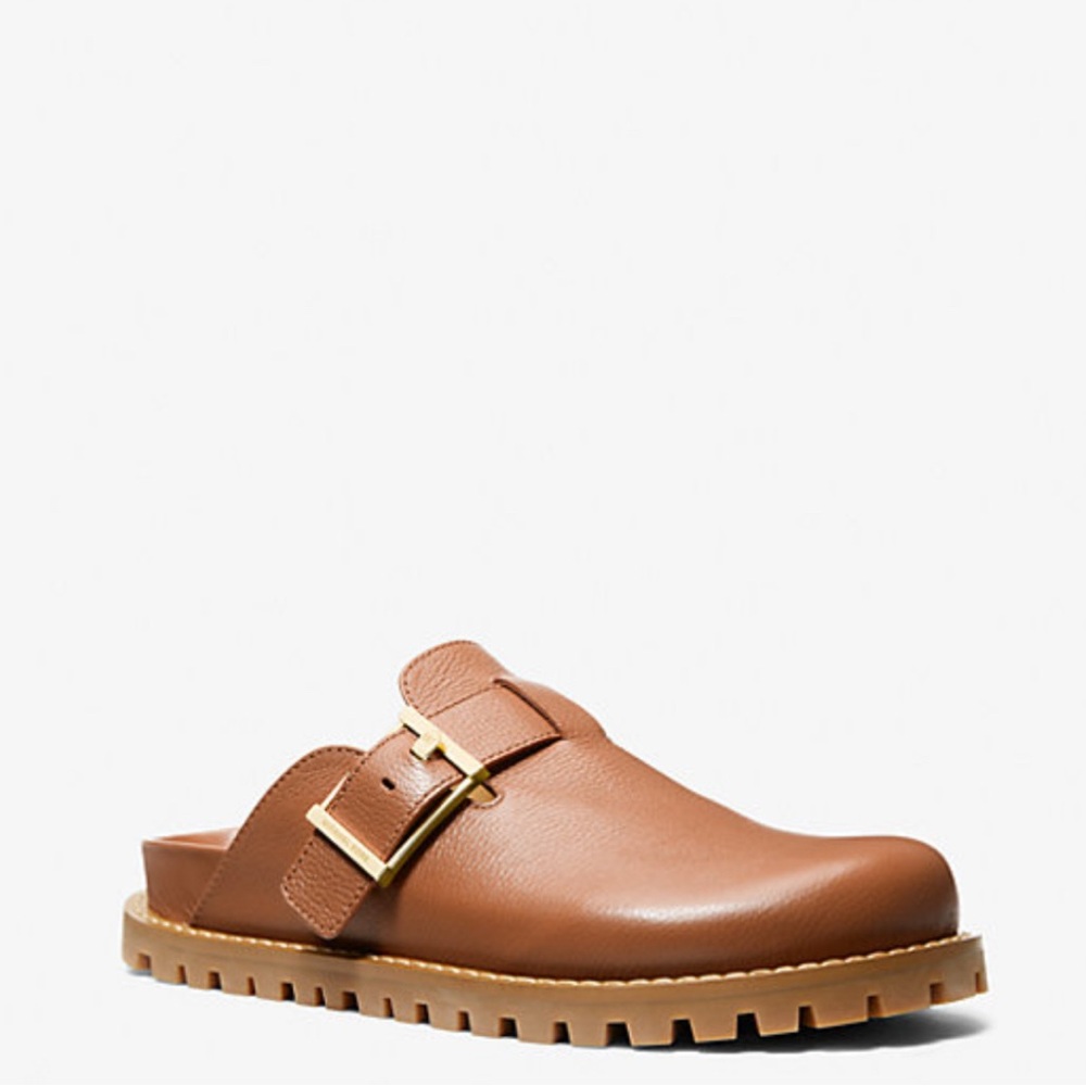 Michael Kors Brown 100% Leather  Clogs Slip-On Shoes with Gold Buckle size 7,5 - Picture 5 of 13
